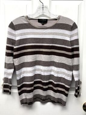 Joseph A Sweater Striped Brown Black White Stripe Crew Neck Pullover Women’s PM